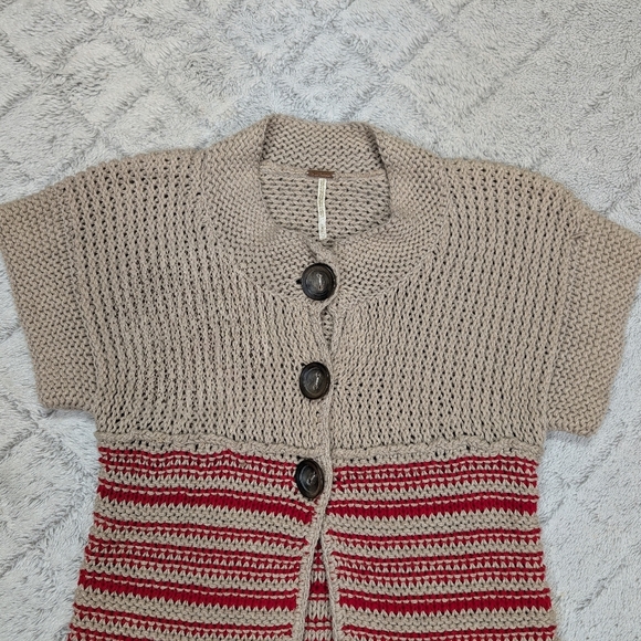 Free People Sweater Womens S Beige Red Stripe Cardigan Chunky Knit Long Y2K - Picture 2 of 7